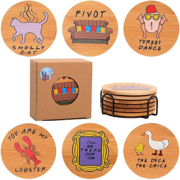 Friends TV Show Merchandise - Wooden Coasters for Drinks,Wood Coasters Set of 6 with Holder,Bambo Coasters for Coffee Table,Friends TV Show Gifts,Housewarming Gifts for Friends