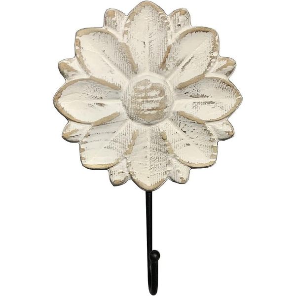 Decorative Boho Flower Towel Hooks, White Distressed Wood white