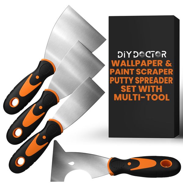 DIY Doctor - 4 Piece Wallpaper Scraper Tool Set - 3 Wallpaper Strippers w/ 1 Multifunctional Tool/Putty Scraper - Wall Paper Scraper Tool Set (1.5, 2.5, 3.5 inch Paint Scraper w/ 3 inch Multitool)