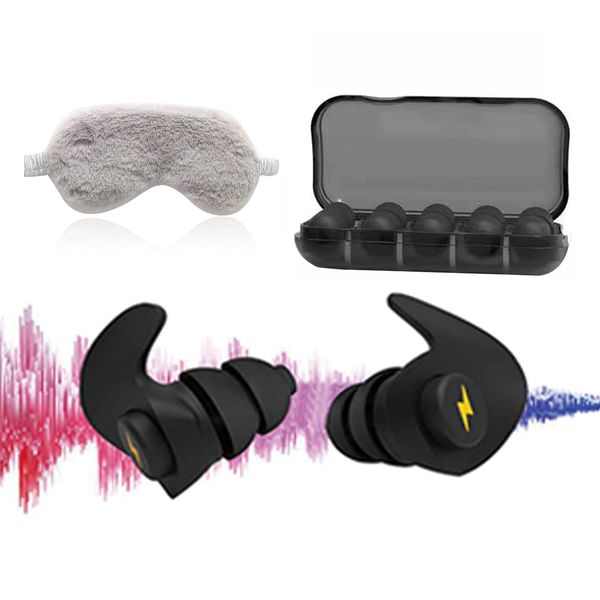 Sleep Earplugs High Performance Noise Cancelling Washable Fully Sound Isolating Sound Insulation 36dB Hypersensitivity (6 Pairs Sponge Earplugs and 1 Pair Silicone Earplugs and Eye Mask) (Black)