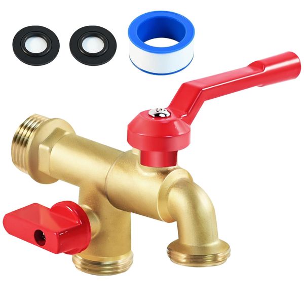 Pyntop Outdoor Double Taps Water Faucet, Garden Hose Splitter 2 Way, 3/4 inch Wall Mounted Brass Water Tap, Frost-Proof Outside Spigot Replacement with 2 Outlets for Balcony, Lawns, Hose Connector