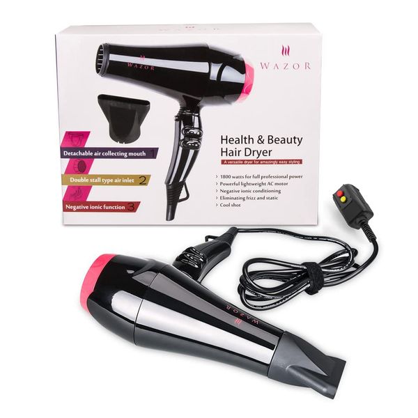 Wazor Ionic Lightweight Hair Dryer 1875W Ceramic Powerful Blow Dryer Pro AC Motor for Quick Drying, 2 Speed / 3 Heat Settings, Concentrator