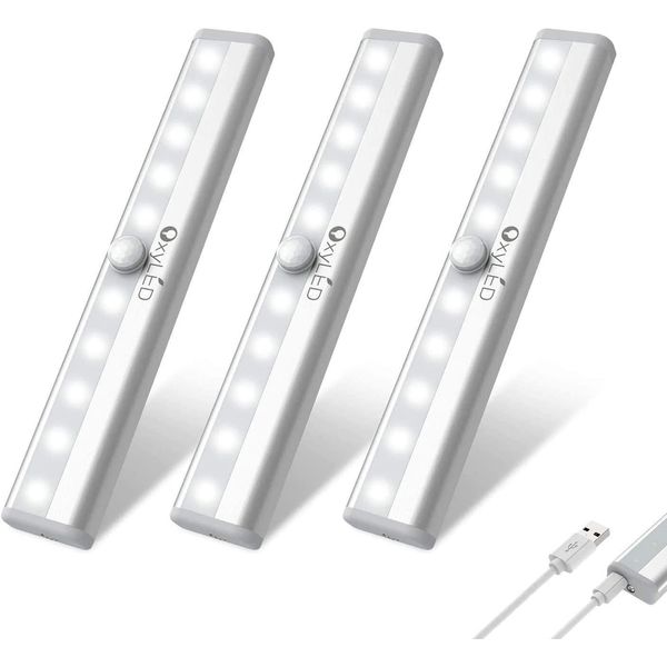 OxyLED Motion Sensor Lights Indoor, Wardrobe Lights 3 Pack Under Cabinet Kitchen Lights with Magnetic Strip 6000K USB Rechargeable with Magnetic Strip Led Closet for Wardrobe Closet Stairs