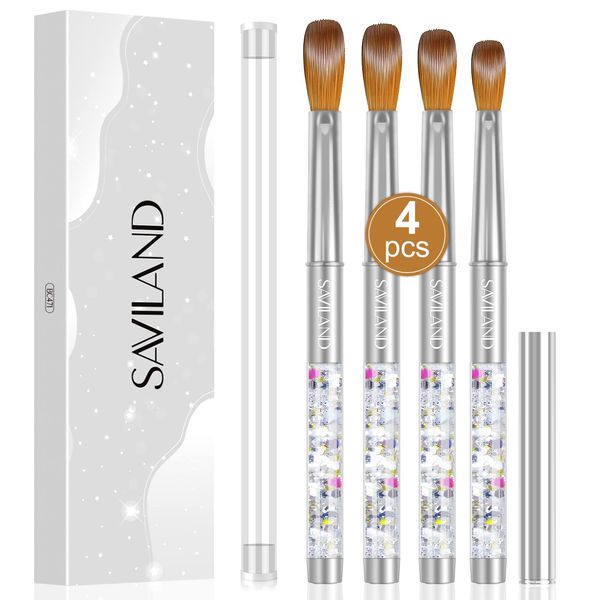 Saviland Pure Kolinsky Acrylic Nail Brush Set: 4PCS Acrylic Brush Silver Glitter Nail Art Brushes for Acrylic Powder & Acrylic Monomer Liquid Nail Extension & Carving Size 6/10/12/14, Women Gift Sets