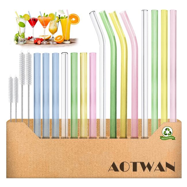 AOTWAN Glasstrohalme Bunt 19 Stück Bunte Strohhalme Glas Bunt,7 Kurz+4 Lange Geraden Glas-Strohhalme,4 Gebogenem Glas Trinkhalme mit 4 Reinigungsbürsten für Cocktails, Smoothie und Säfte