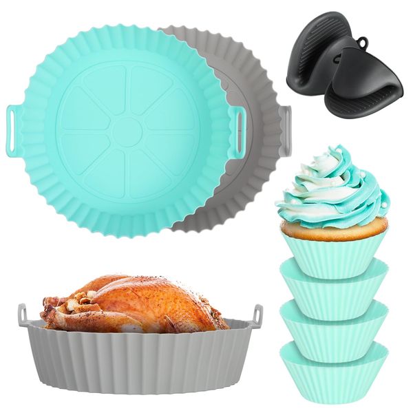 ALTcompluser Silikonform für Heißluftfritteuse, 8 Stück Airfryer Silikonform Set, 20cm Airfryer Silikon Pot Liners, Runde Zubehör Heißluftfritteus mit Handschuhen, Muffinformen, Topflappen Silikon