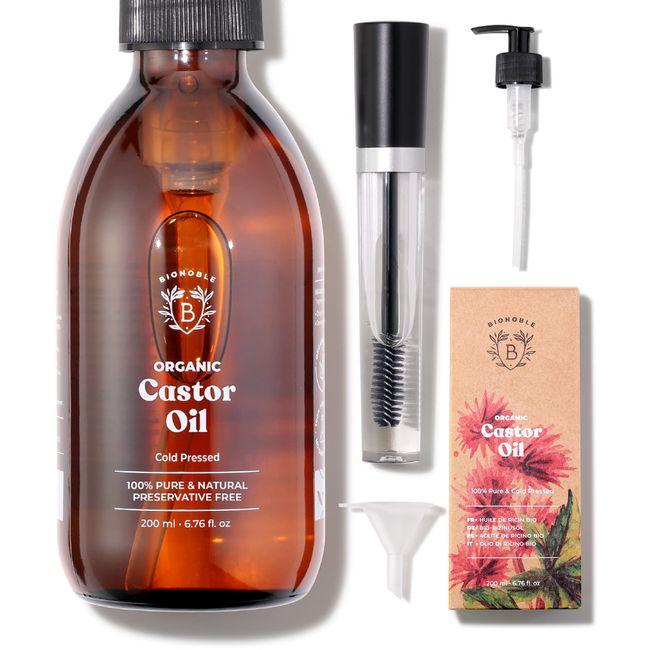Bionoble Organic Castor Oil 200ml - 100% Pure, Natural and Cold Pressed - Lashes, Eyebrows, Body, Hair, Beard, Nails - Vegan and Cruelty Free - Glass Bottle + Pump + Mascara Kit