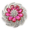 Dimensional Clear/Fuchsia Crystal Corsage Brooch In Rhodium Plating - 5cm Diameter