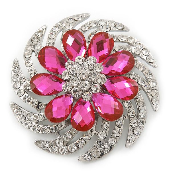 Dimensional Clear/Fuchsia Crystal Corsage Brooch In Rhodium Plating - 5cm Diameter