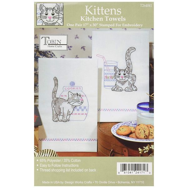 Tobin Stamped Kitchen Towels for Embroidery, Kittens 17 x30