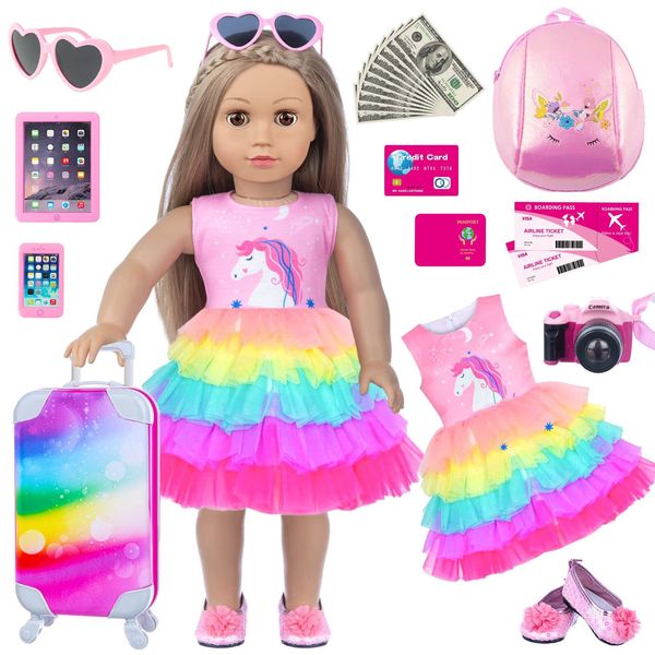 Doll Clothes and Accessories Travel Suitcase Playset for 18 Inch Girl Doll with Dolls Clothes, Backpack, Camera, Ipad, Phone, Sunglasses, Shoes, Gift for 3 to 7 Year Olds