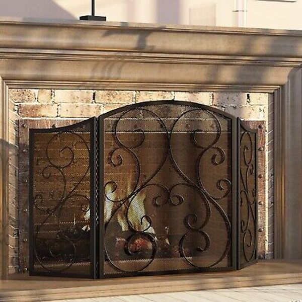 Classic Black Wrought Iron Fireplace Screen - Safe Spark Guard 48"L x 30"H