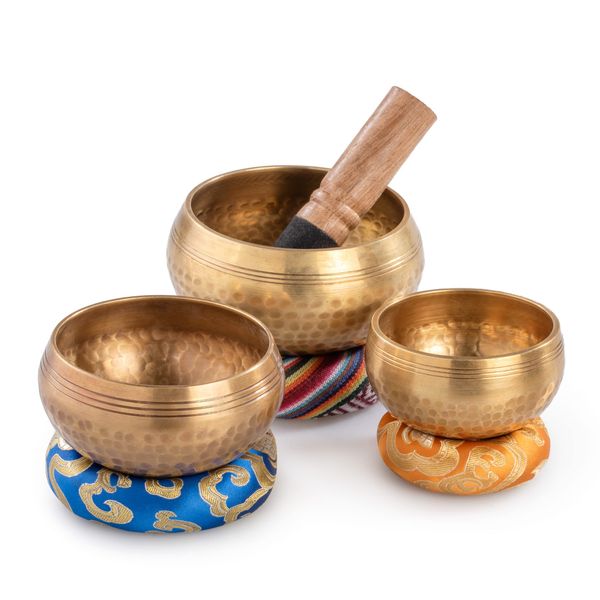 Klangschalen 3 Stück mit Klöppel und Kissen - Meditation Singing Bowl Set 8 bis 11 cm Durchmesser