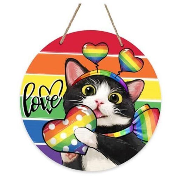 Love Rainbow Front Door Sign, LGBTQ Pet Heart Wood Door Hanger Tuxedo Cat