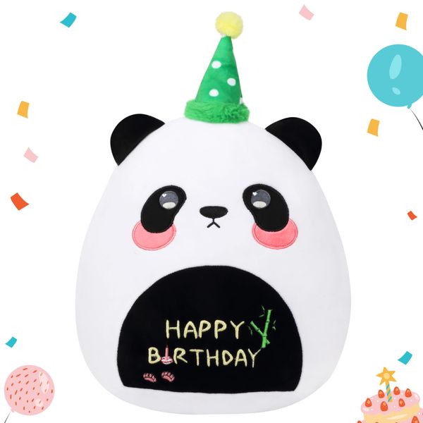 Mushymallow 12” Birthday Panda Plush Pillow Happy Birthday Panda Pillow Cute Panda Plush Toy Soft Panda Stuffed Animal Birthday Gifts for Kids