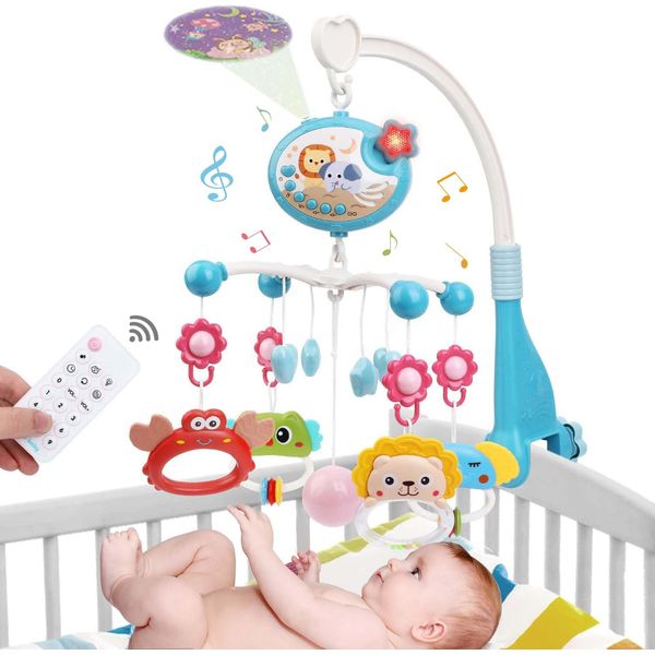 Baby Crib Mobile with Music and Light, Crib Toy with Remote Control ＆ Timming Function, Projector Rotating Hanging Rattles Toys Baby Mobile Gift Toy for 0-24 Moths Boys and Girls