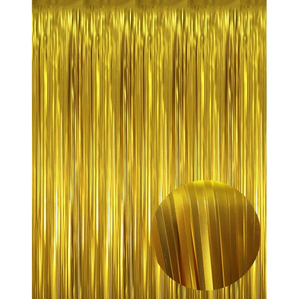 GOER 6.4 ft x 9.8 ft Metallic Tinsel Foil Fringe Curtains,Pack of 2 Party Streamer Backdrop for Birthday,Graduation Decorations and New Year Eve(Matte Gold,Thick Material)