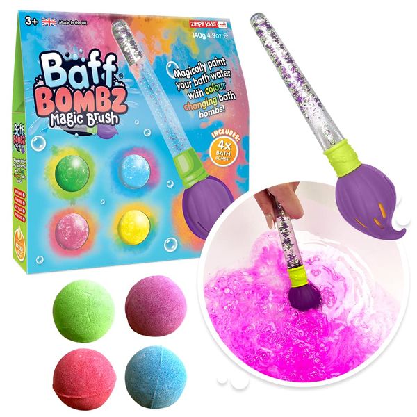 Baff Bombz Magic Brush from Zimpli Kids, 4 x Bath Bombs, Magically Paint your Bath Water, Creative Bath Toy for Children, Birthday Gifts for Boys & Girls, Pocket Money Toy, Moisturising Bath Fizzers