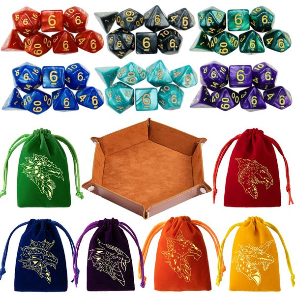 DND Dice Set 42 Pcs Polyhedral Dungeons and Dragons Rolling Dice for D&D RPG MTG Table Games Dice Bulk with Colorful Drawstring Bags and Dice Tray (Single)