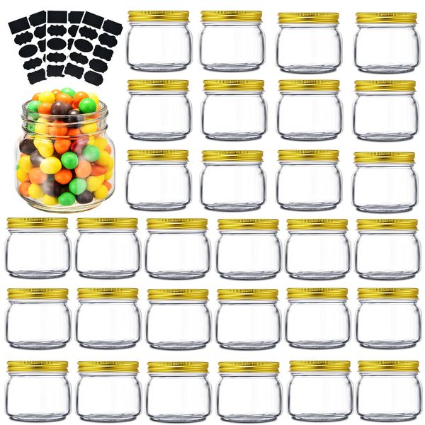 Rainforce Mason Jars 8 oz 30 Pack- Small Mason Jars With Gold Lids -1/4 Quart Canning Jars| Storage Pickling Jars For Jelly, Jam, Honey, Pickles - Spice Glass Jars - With Free 30 Chalkboard Labels