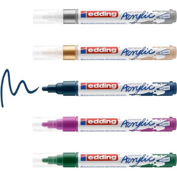 edding 5100 acrylic marker - green purple blue silber gold - acrylic paint markers 5-pack (metallic) - round nib 2-3mm - acrylic marker for pebbles, canvas and wood - acrylic marker waterproof