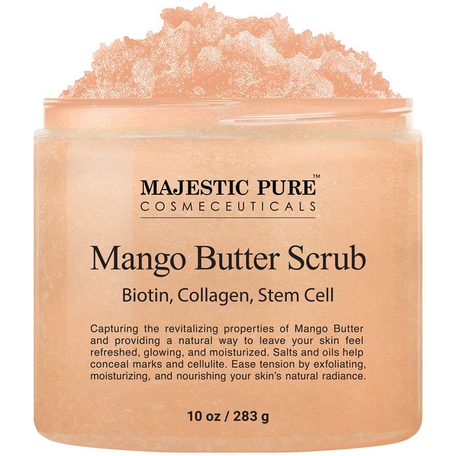 Majestic Pure Mango Butter Body Scrub - With Biotin, Collagen, Stem Cell - Exfoliating Salt Scrub to Exfoliate and Moisturize Skin - Deep Skin Cleanser - Natural Skin Care for Men and Women - 10 oz