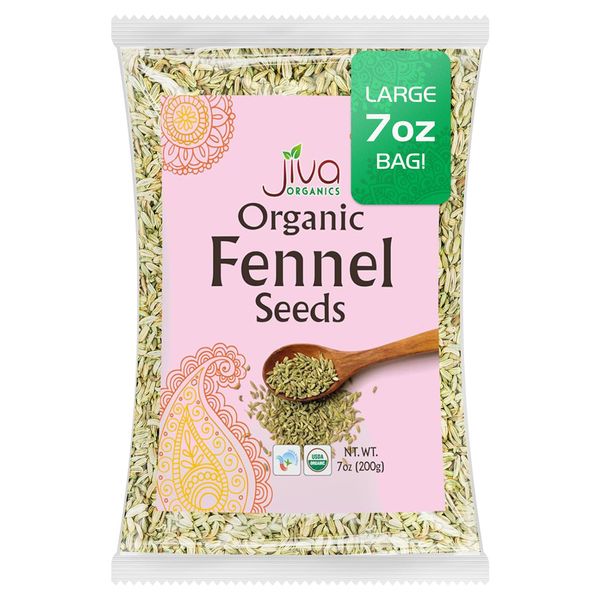 Jiva Organic Fennel Seeds 7 Oz Bag - Non-GMO, Certified, Vegan - Resealable Bag - Product of India