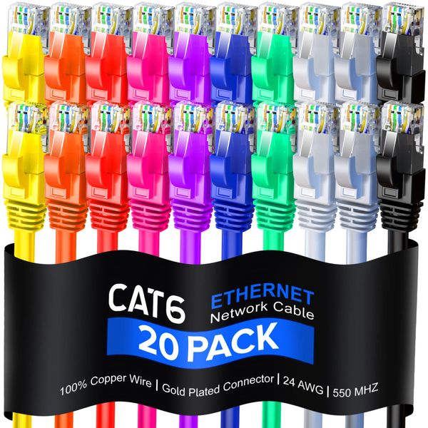 Maximm Cat 6 Ethernet Cable 0.9 Ft, 100% Pure Copper, Cat6 Cable (20 Pack) LAN Cable, Internet Cable, Patch Cable and Network Cable - UTP (Multicolor) 0.9 Foot