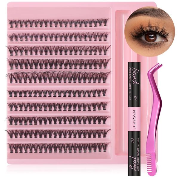 DIY Wimpern Extensions Set 200 Pcs Einzelne Wimpern Cluster D Curl False Eyelashes Extension Kit mit Wimpern Applicator Tool, Super Hold Cluster Wimpern Kleber und Versiegelung (30D+40D, 9-16mm)