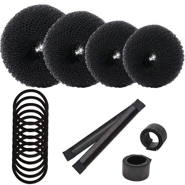 16 Pcs Hair Bang Shaper Set,4 Pcs Hair Donut Bun Maker,2 Magic Hair Bang Maker,10 Pcs Hair Elastic Band (Black)