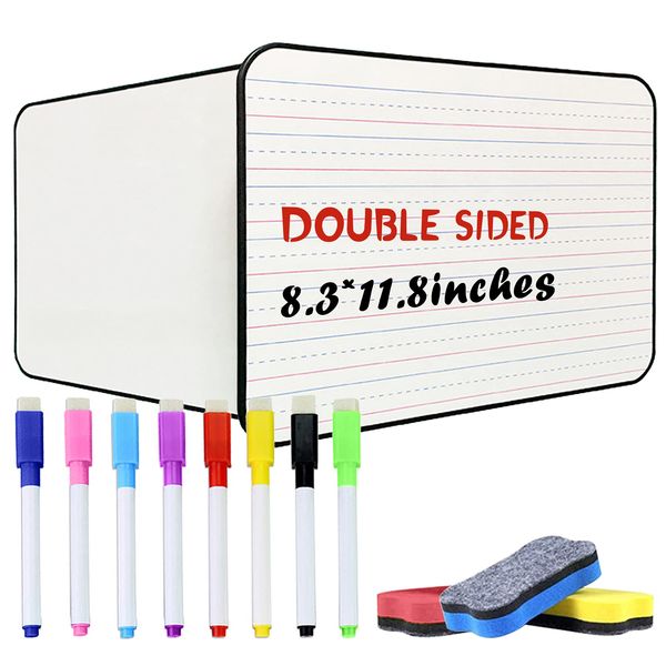 OWill Lined Dry Erase Board for Kids, Mini Whiteboard A4 Ruled & Blank Small Whiteboard Writing Learning at Home Double Sided Portable Whiteboard with 8 Markers & 3 Erasers