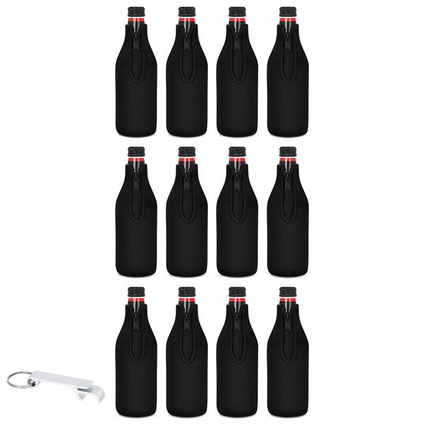 12 Pack Beer Bottle Cooler Sleeves Keep Drink Cold Zip-up Extra Thick Neoprene Insulated Sleeve Cover with Bottle Opener（12 Pack, Black)