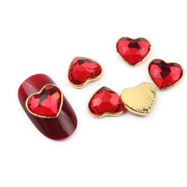 10 pcs Heart Shape Design Glass Crystal Red Rhinestones Gems Alloy Metal 3D Tips DIY jewelry Accessories Nail Art Decoration Tool Plus Nail Glue