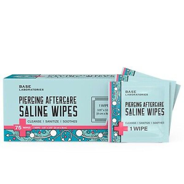 Base Labs Piercing Aftercare Wipes | Saline Solution Cleaner Wipes | 75 Wipes