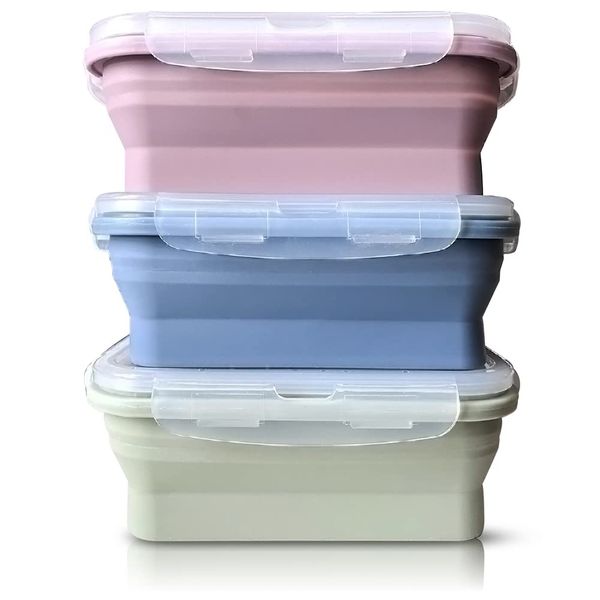 Silicone Food Storage Containers with Lids - 3 Pack Set 550ml Reusable Space Saving Silicone Containers Lunch Containers Bento Boxes for Microwave, Freezer and Dishwasher Safe