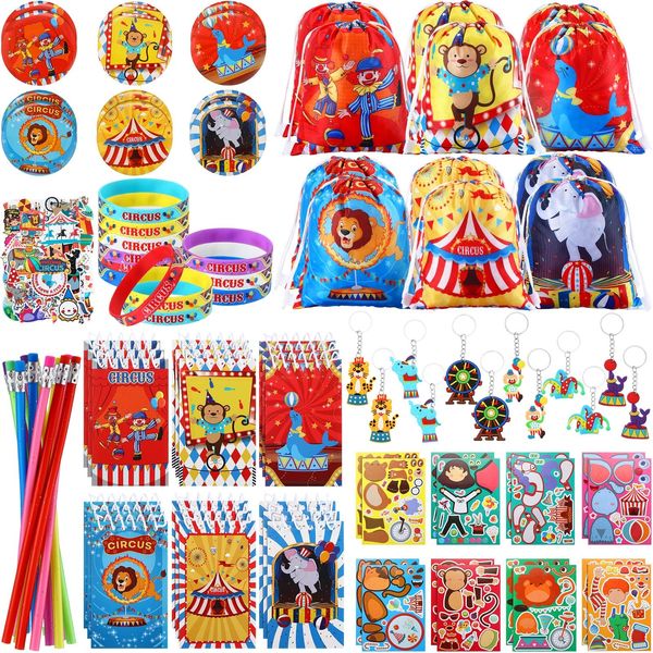 Cholemy 91 Pcs Circus Carnival Party Favors Include Circus Clown Animal Keychains Rubber Bracelets Stickers Button Pins Mini Notebooks Drawstring Bags Backpack Flexible Soft Pencil for Party