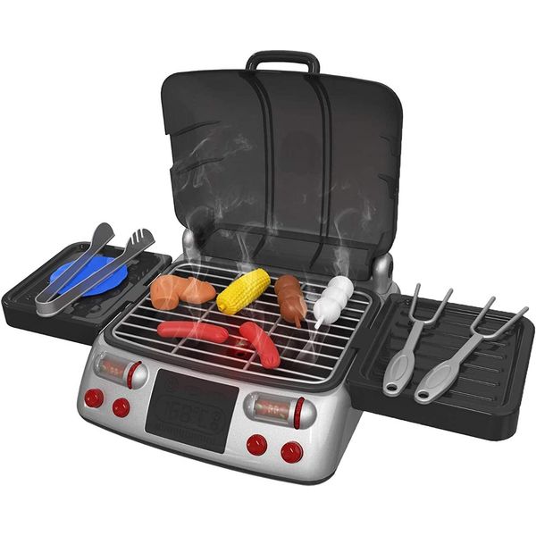 Pretend Play BBQ Grill for Kids with Lights, Sizzling Sounds and Smoke - 19 Piece Playset