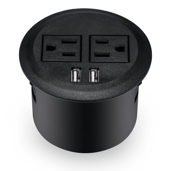 Kungfuking Desktop Power Grommet Power Outlet Socket Desk Data Center 2 Outlet with 2 USB Ports with 10 FT Extension Cord Black