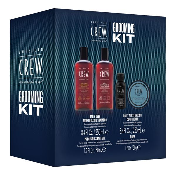 AMERICAN CREW Grooming-Set für Männer: Daily Deep Moisturizing Shampoo (250 ml), Daily Moisture Conditioner (250 ml), Precision Shave Gel (50 ml) & Fiber Haarwachs für starken Halt (50 g)