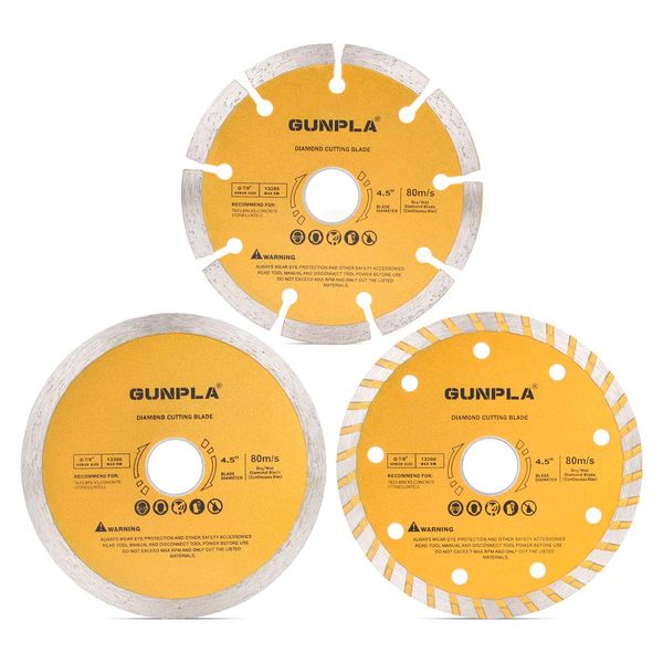 Gunpla 3 Pieces 115mm Diamond Cutting Blade Continuous Segmented Turbo Rim Dry Wet Circular Saw 4.5 inch Cutter Angle Grinder Disc 7/8 inch Arbor 22.2mm with Reducing Ring 5/8 inch for Tile Masonry