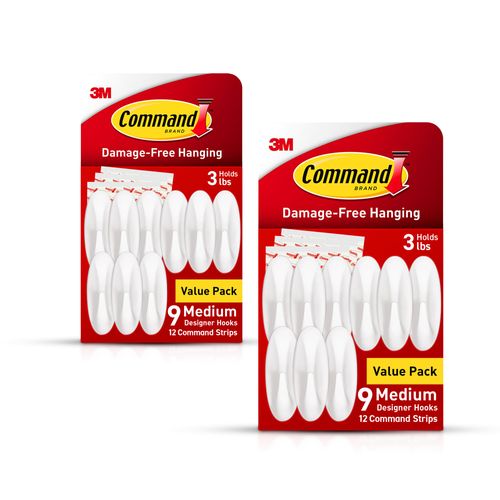 Command Medium Damage Free Hanging Wall Hooks with Adhesive Strips, No Tools Required for Hanging Decorations in Living Spaces, 18 White Hooks and 24 Strips