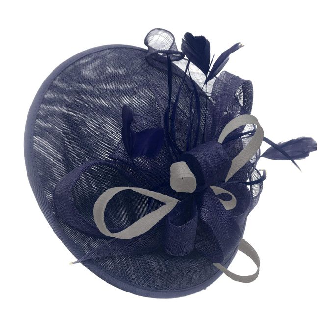 Caprilite Navy and Silver Grey Sinamay Big Disc Saucer Fascinator Hat for Women Weddings Headband