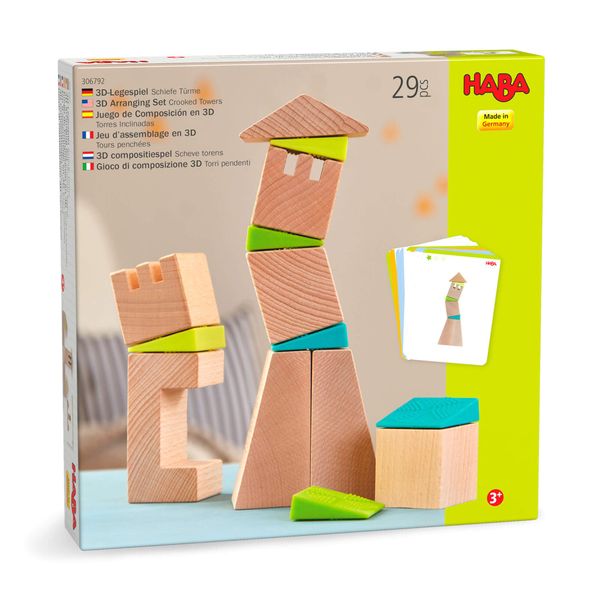 HABA Crooked Tower - 19 Wooden Blocks and 6 Wedges with Pattern Cards for Ages 4+(Made in Germany)