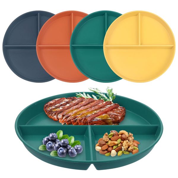 GOTRUST 4PCS Portion Control Plates, Unbreakable Divided Dinner Plates Set, Reusable Plastic Divider Plates, Divided Diet Plates for Picnic Camping Dessert - 9inch