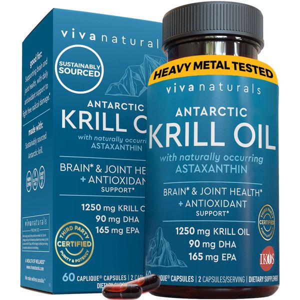 Antarctic Krill Oil Omega 3 Fatty Acid Supplements 1250 mg, High EPA DHA and Astaxanthin Concentration, Joint Support and Brain Supplement with Antioxidant Properties, No Fish Burps, 60 Capsules