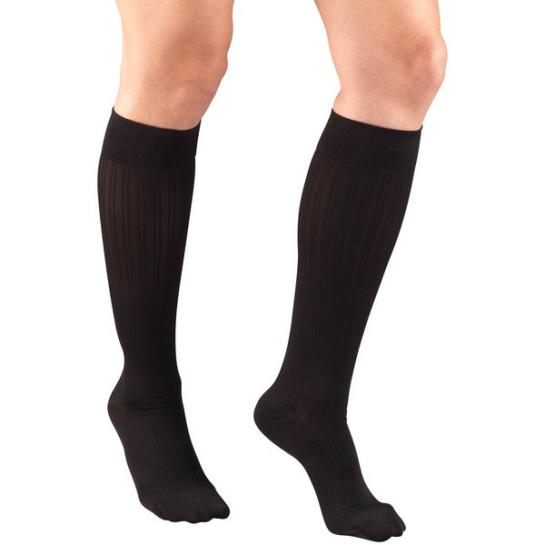 Truform Compression Socks, 15-20 mmHg, Women's Dress Socks, Knee High Over Calf Length, Black Rib Knit, Medium