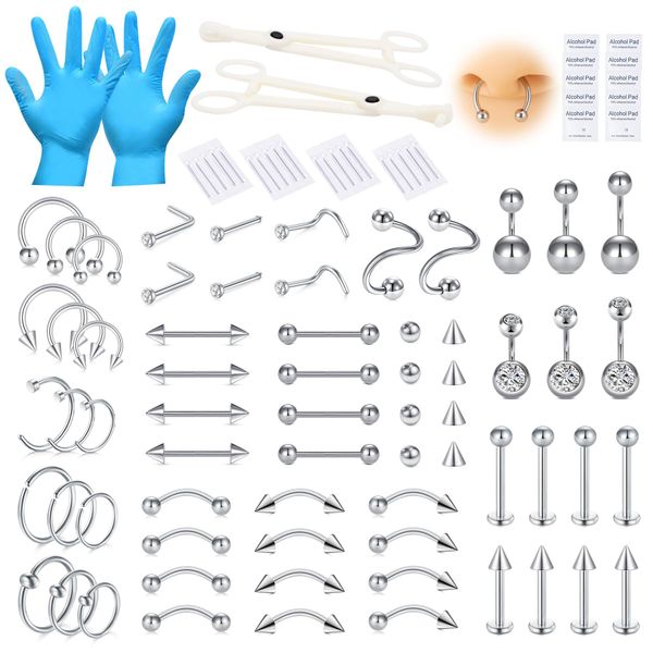 AVYRING Piercing Kit for All Body Piercings, 14G 16G 18G 20G Surgical Steel Piercing Needles Tools for Nose Belly Button Eyebrow Lip Tongue Ear Tragus Helix Piercing Jewelry, 99Pcs Mixed, Silver