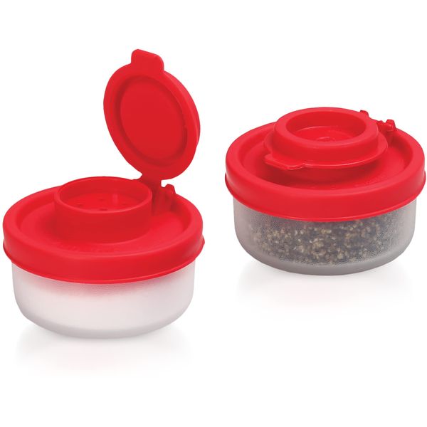 Salt and Pepper Shakers Moisture Proof Set of 2 Small Mini Salt Shaker to go Camping Picnic Outdoors Kitchen Lunch Boxes Travel Spice Set Clear with Red Covers Plastic Airtight Spice Jar Dispenser