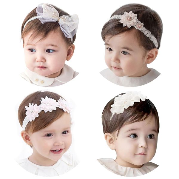 Baby Hair Band, Baby Hair Accessories, 4-piece Set, Girls, Children, Hair Ornament, Lace, Flowers, Cute, Stylish, Present, Girls, Newborn, Baby Shower, Birthday, Anniversary Photo