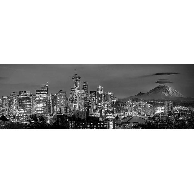 Seattle Skyline 2020 Photo Print UNFRAMED Dusk BW Black & White City Downtown 11.75 inches x 36 inches Rainier Photographic Panorama Poster Picture Standard Size